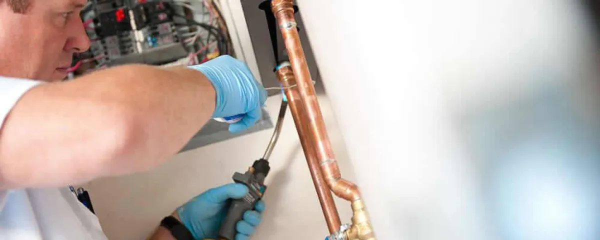 Water heater repair technician testing copper pipe connections and controls in Kenosha, WI